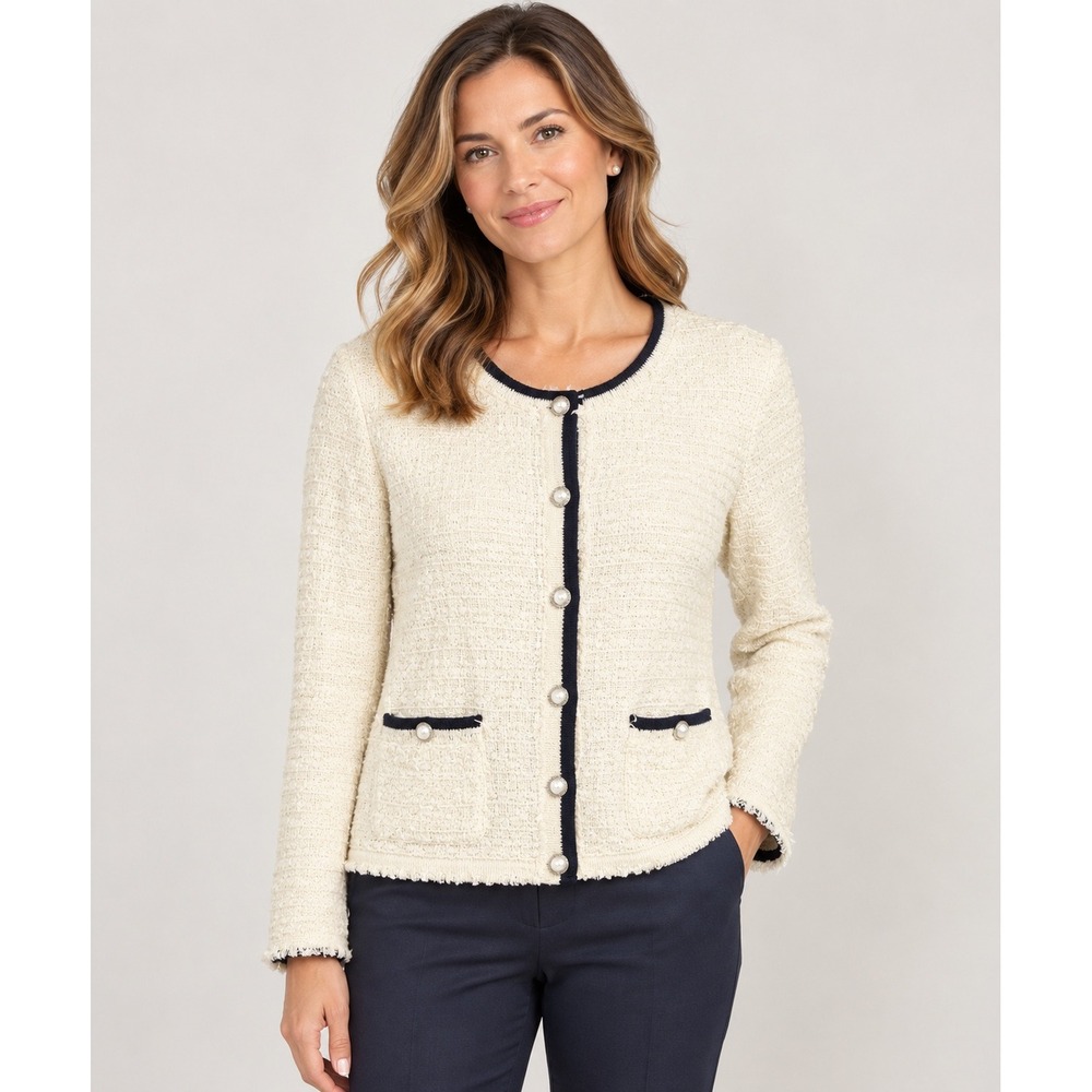 Talbots Ivory Tweed Cardigan Pearl Button Fringe Trim Knit Sweater Medium NEW